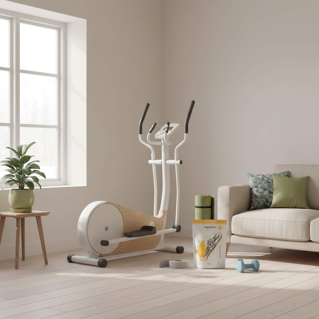 Minimalistische Heimtrainingsecke mit Crosstrainer und Yogamatte im hellen Wohnzimmer – Cardiogerät zuhause, skandinavischer Stil, Holzfußboden, Pflanze, weiches Winterlicht.