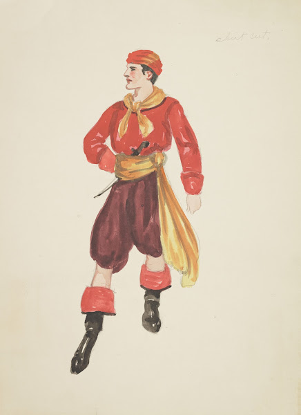 Pirates of Penzance Red shirt purple breeches yellow sash yellow scarf red cap a