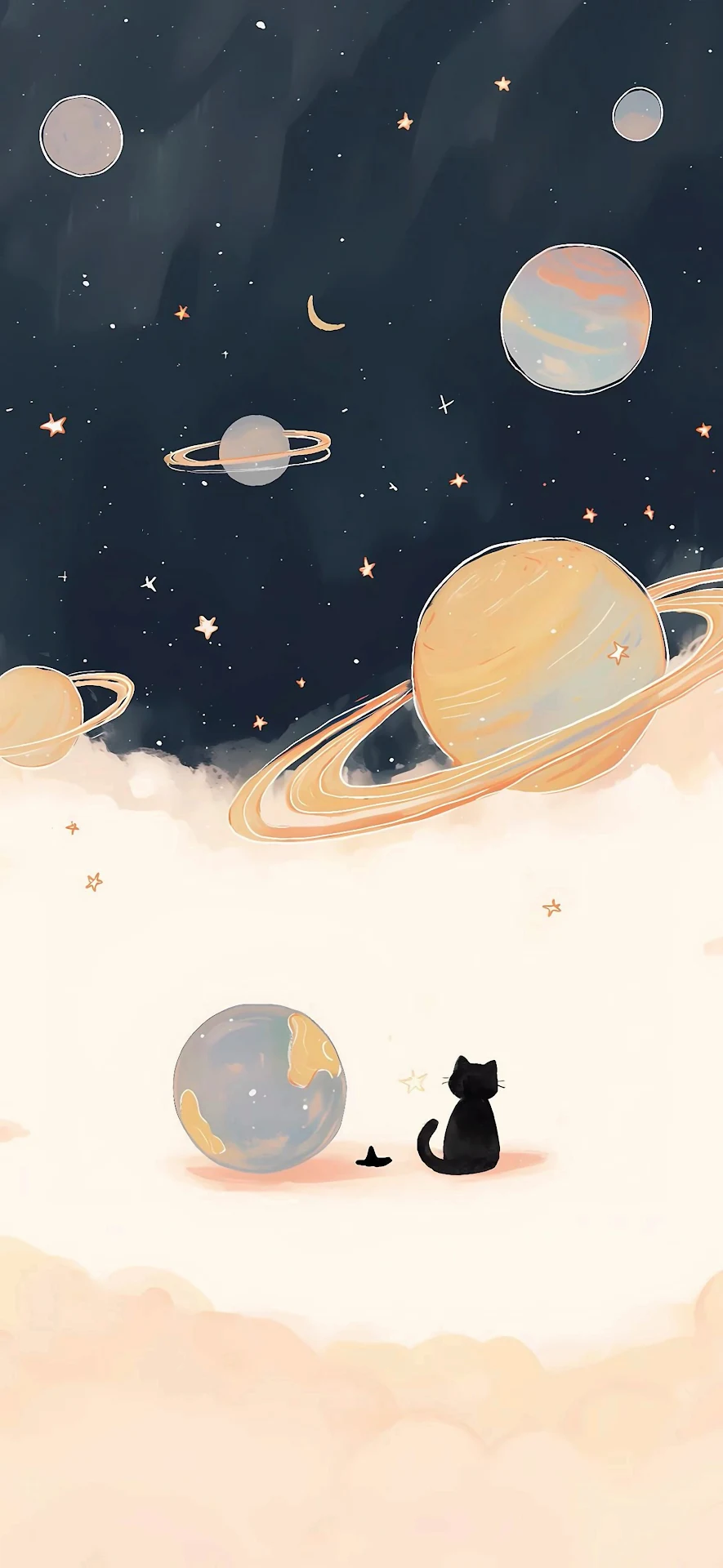Whimsical Black Cat Stargazing Pastel Space Planets Art - Free 4K mobile Wallpaper