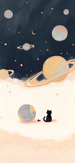 Whimsical Black Cat Stargazing Pastel Space Planets Art - Free mobile Wallpaper