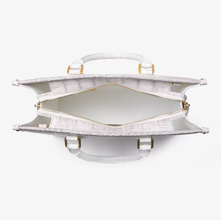 Himalayan white genuine crocodile belly leather structured tote handbag with gold hardware for women - detail 2