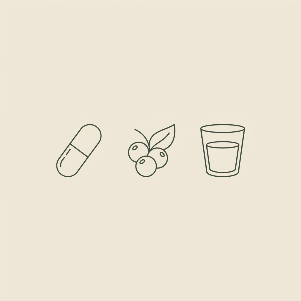 Minimal Tonum-style line illustration of a capsule beside a stylized berry and a water glass on beige background representing weight loss pills, natural ingredients and hydration.