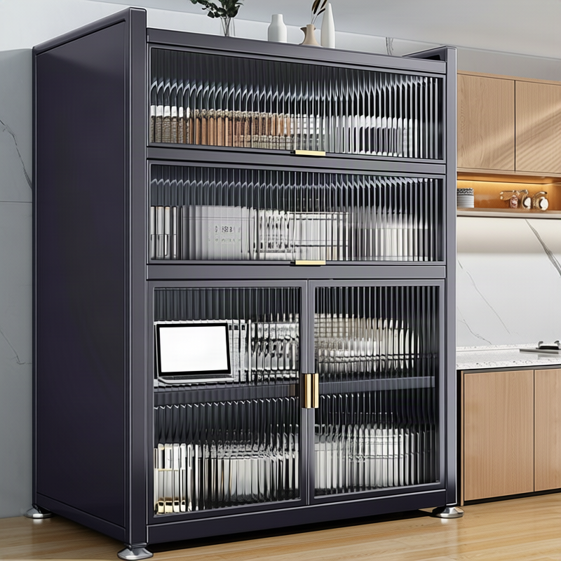 Kitchen freestanding shelf with glass doors, multi-tiered