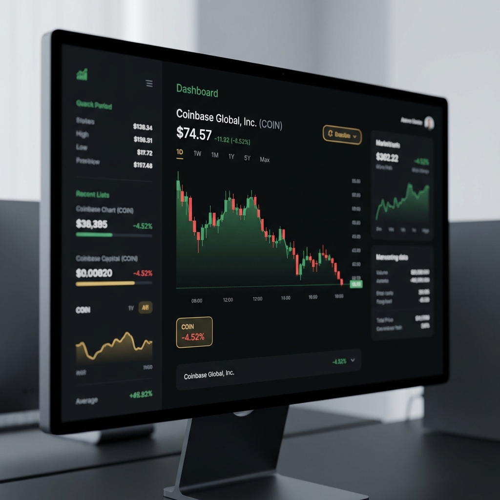 Close up photorealistic financial dashboard with candlestick chart and downward trend indicating Coinbase stock falling calm minimalist layout with green and gold brand accents on dark background