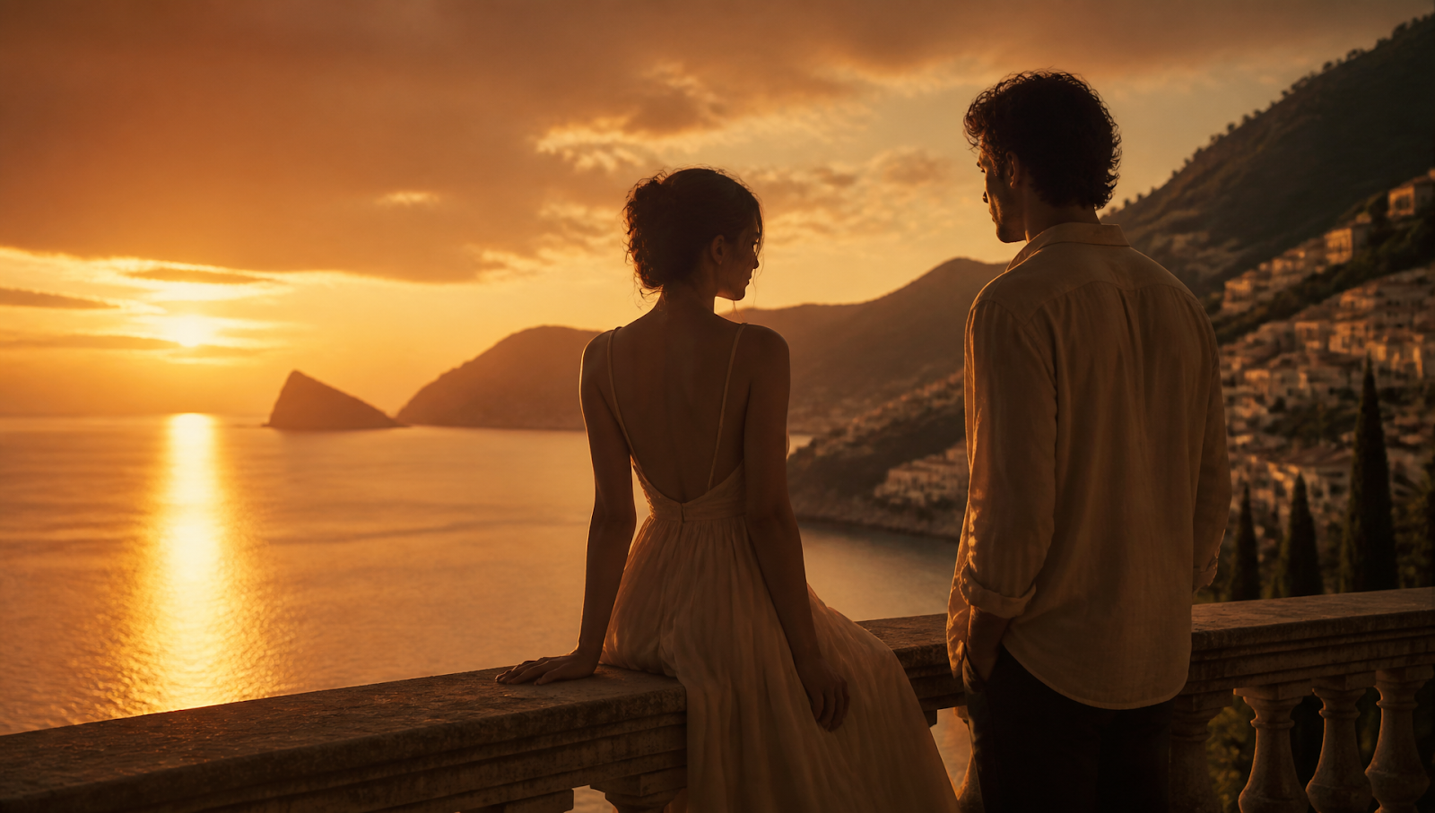The Last Sunrise release poster idea with a young couple and a Mallorca sunrise