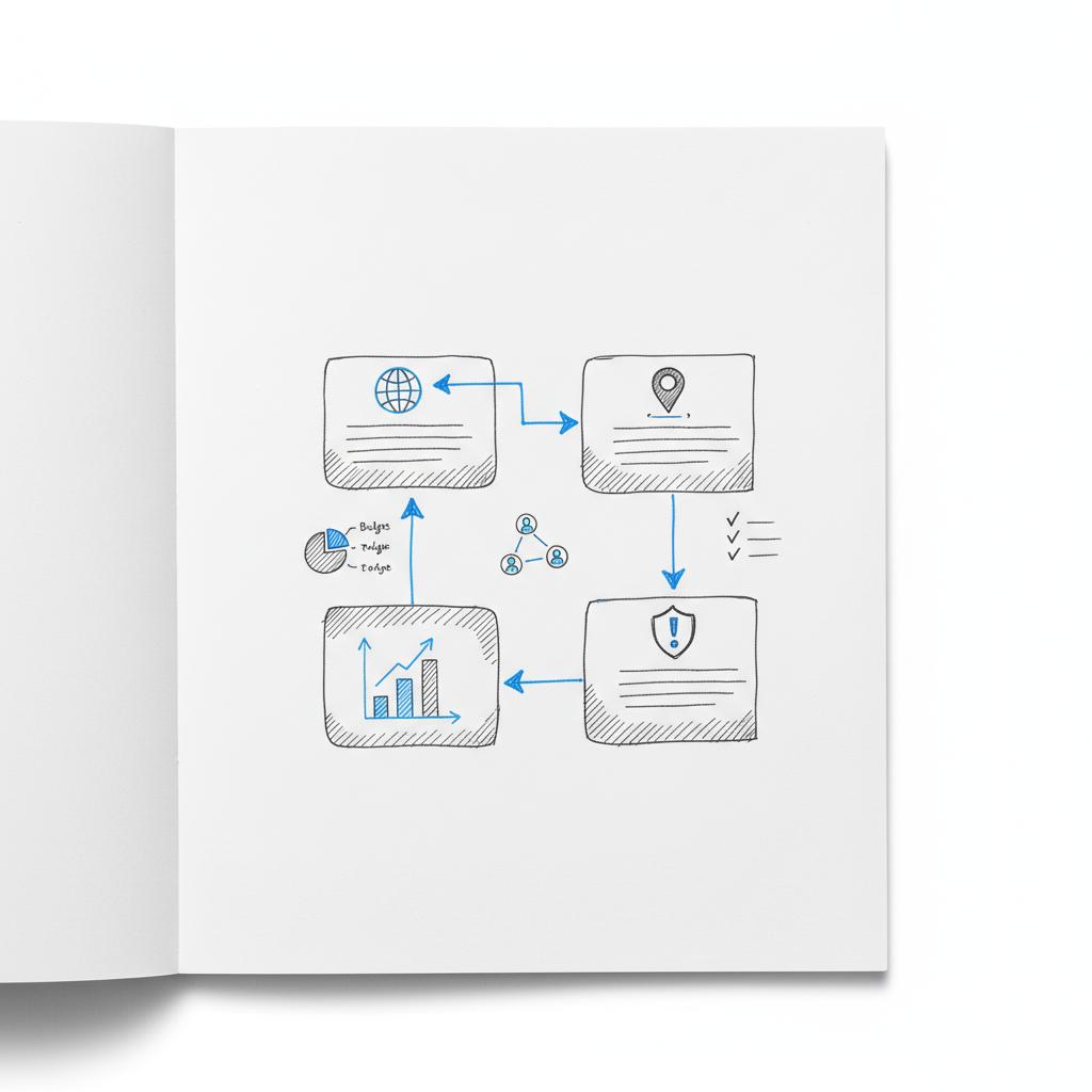 Minimal notebook sketch of a marketing governance template showing boxes for global lead, local lead, KPIs and escalation path with Agency Visible colors &mdash; big 6 digital marketing agencies