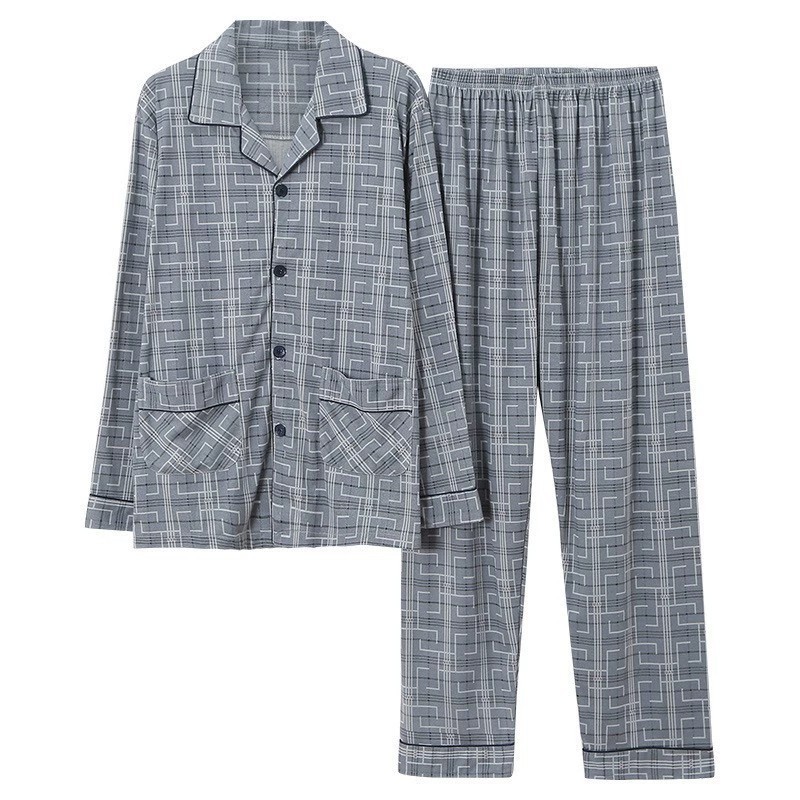 Herren-Pyjama-Set, Baumwolle, Langarm, kariert