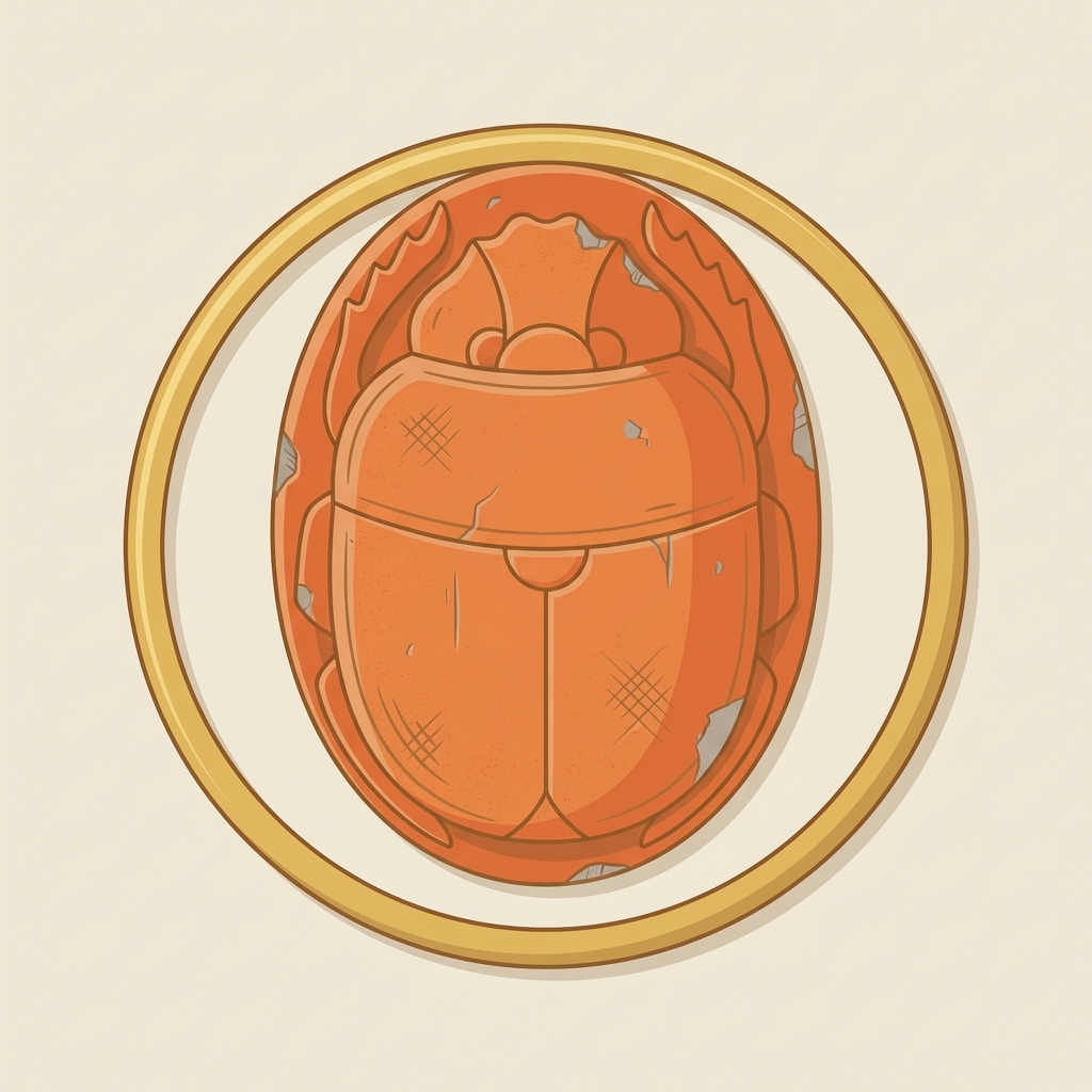 Closeup vector illustration of a carnelian scarab intaglio set in a simple gold hoop showing carving detail and surface wear ancient egyptian scarab ring price