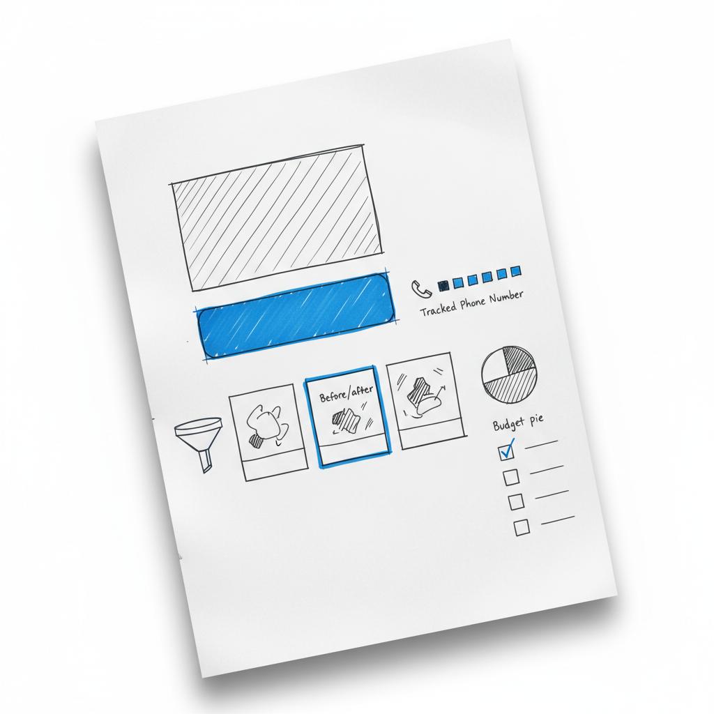Notebook-style sketch of a landing page layout with CTA button shape, phone icon and placeholder for a tracked phone number, plus before/after thumbnails &mdash; how to advertise as a handyman