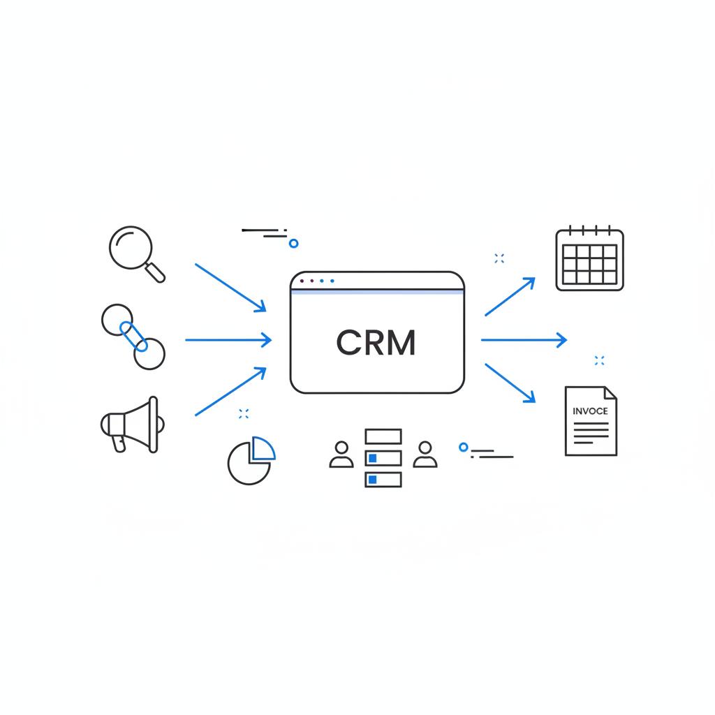 Minimal vector sketchbook diagram of lead sources feeding a central CRM then branching to scheduling and invoices, illustrating construction lead cost per lead in clean Agency Visible brand colors.