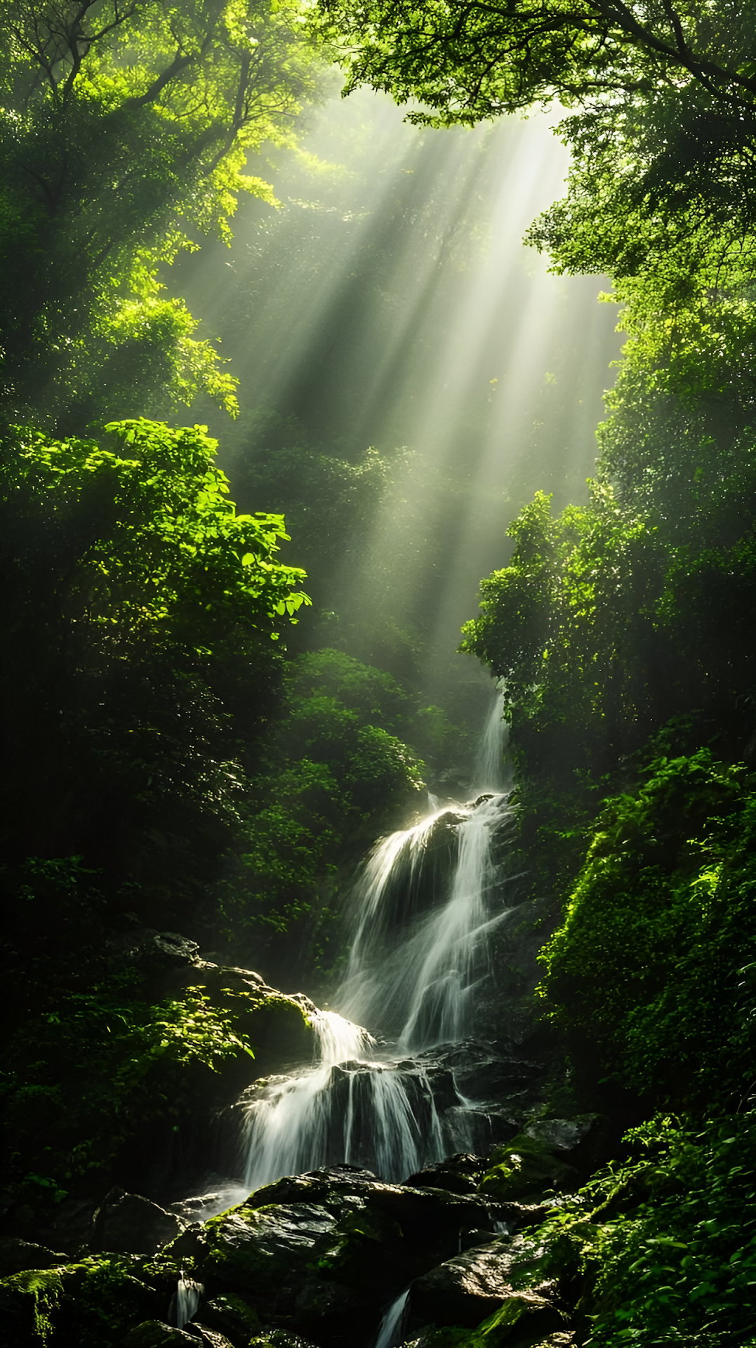 Ethereal Jungle Waterfall with Sunbeams and Lush Foliage - Free 4K mobile Wallpaper