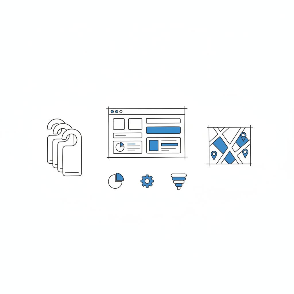 Notebook-style vector sketch of a local marketing toolkit showing a call-tracking dashboard, a stack of door-hangers and a small highlighted neighborhood map for plumbing marketing ideas