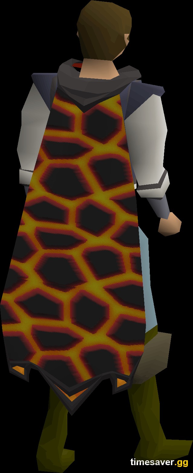 An OSRS character wearing the Infernal cape, showing its lava pattern