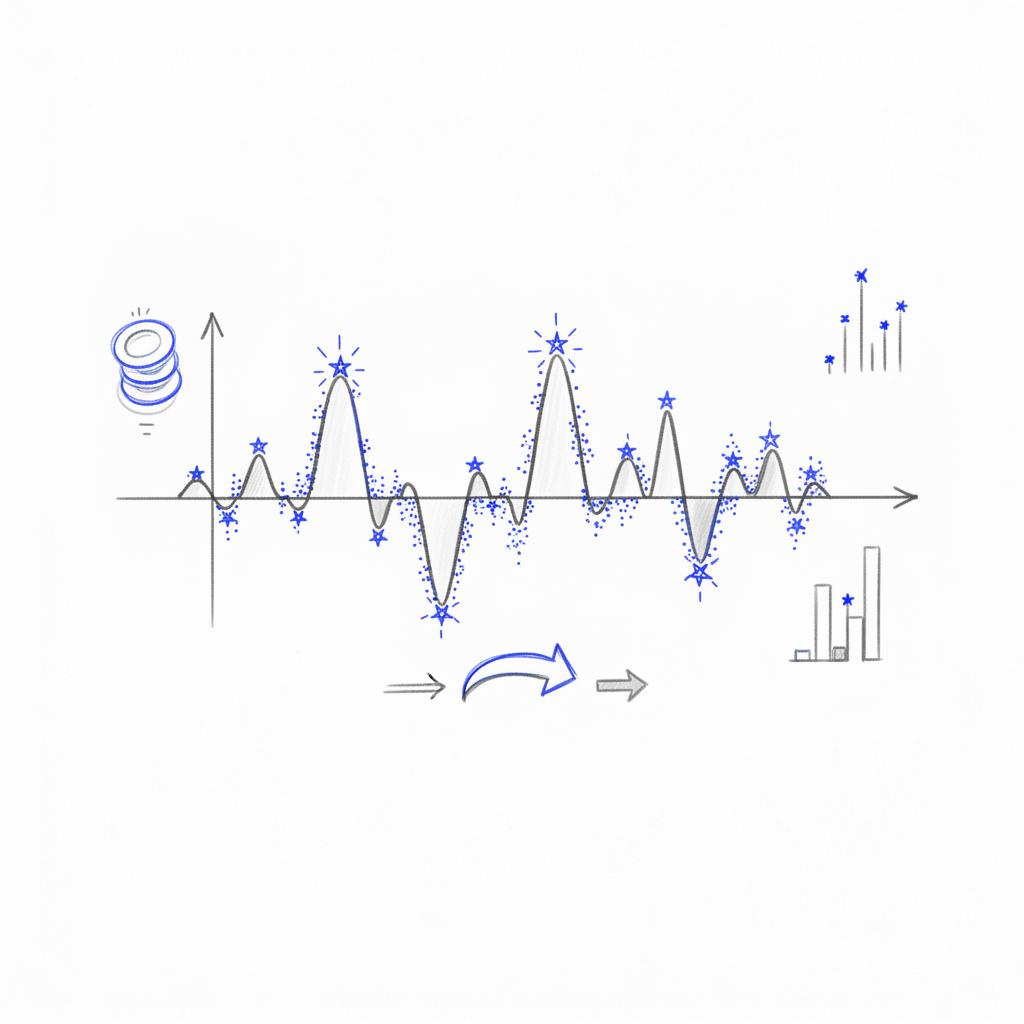 Close-up hand-drawn notebook sketch of a review timeline line graph with clustered peaks and blue star icons showing sudden review bursts on a white page for trustworthy review sites