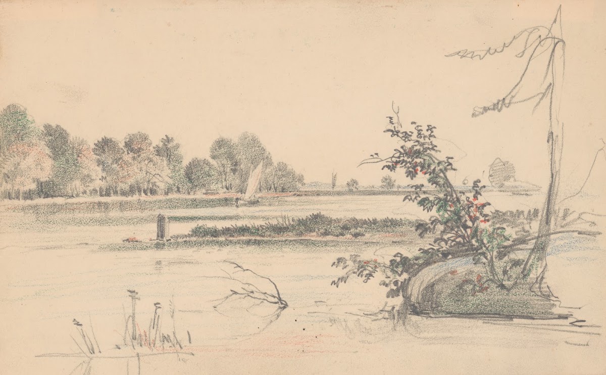 Waterscape showing the shore of the Delaware River and a sailboat at center 1840