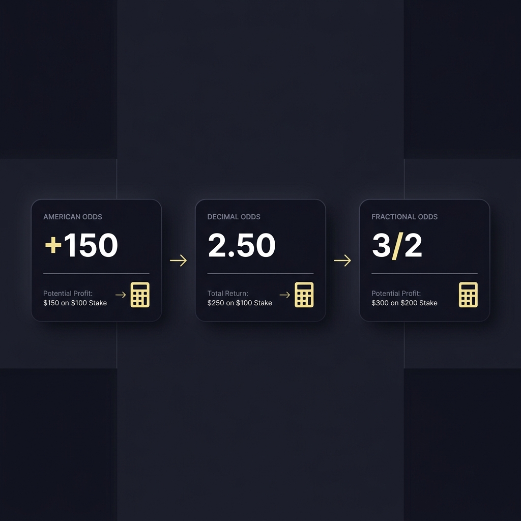 Minimalist UI header showing three cards illustrating How to Convert Between American, Decimal, and Fractional Odds with example values plus 150, 2.50, and 3 over 2 in Funded Plays brand colors