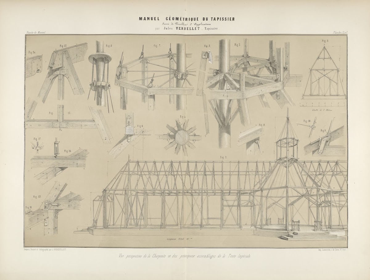 Vue perspective del charpente et des principaux assemblages de la tente impérial