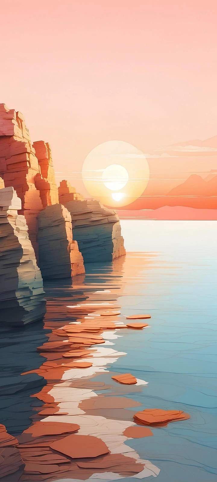 Serene Sunset Cliff Coastline - Minimalist Digital Art 2K iPhone Wallpaper (1440x3200)