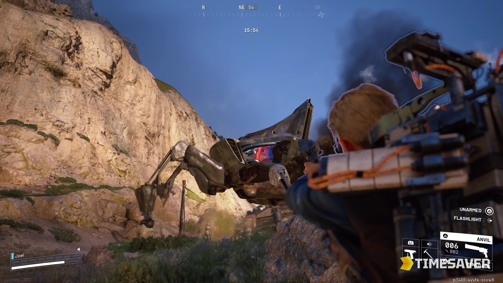 Close-up of the Queen ARC boss showing its glowing red core and armored legs as a Raider takes aim in ARC Raiders