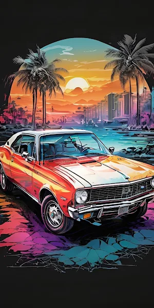 Classic Car, Sunset, Miami, Palm Trees 4K Wallpaper Background