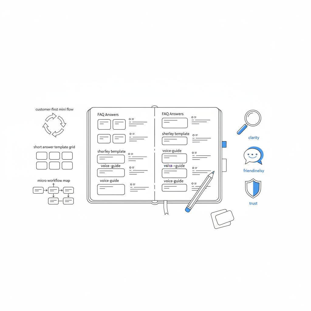 Flat 2D vector top-down workspace: a minimalist notebook with FAQ sketch templates, voice-guide bullets, sticky notes and a pencil in Agency Visible colors &mdash; Is there a fee to sell on Nextdoor?