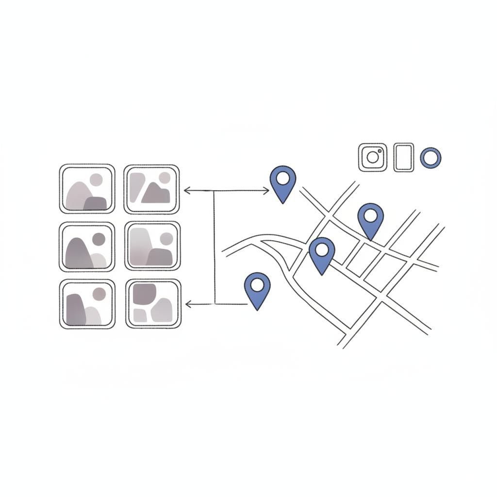 Do Instagram ads work for REALTORS? 2D vector collage of listing thumbnails, a simple location map with pins, and Instagram format icons in Agency Visible palette