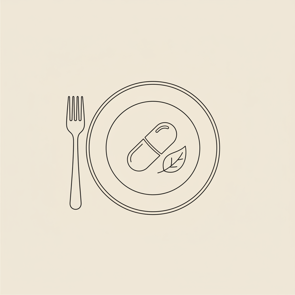 Minimal Tonum-style line-art plate with a capsule and leaf on a beige background, illustrating Almased side effects and the relationship between meals and supplements