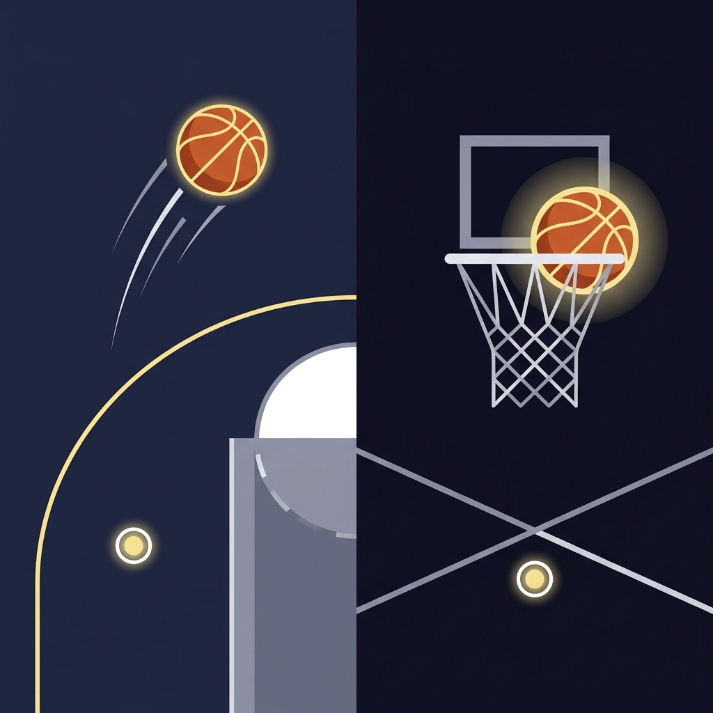 Minimalist 2D vector split frame showing pull up three concept and catch and shoot concept with basketball arcs rim motion lines and court elements in Funded Plays colors bucks cavs prediction