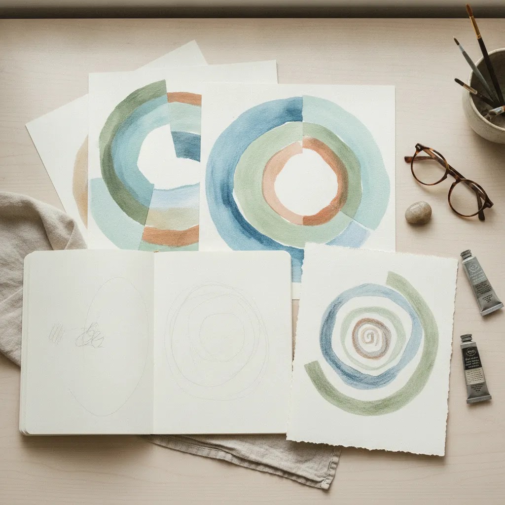 Square social image with journals and abstract artwork for art therapy benefits articles