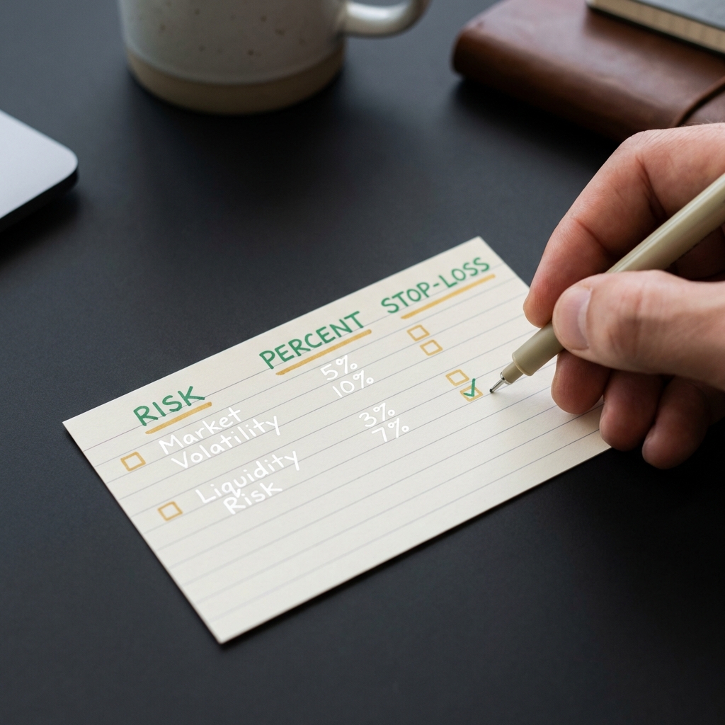 Close up of hand writing a risk checklist with headings risk percent and stop-loss on a minimalist dark workspace how to begin day trading