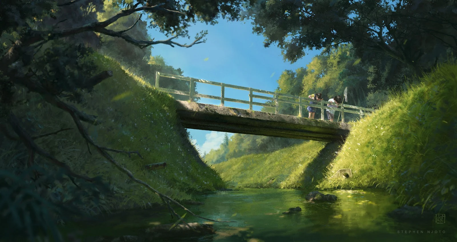 Scenic, Children, Bridge, Stream 4K Wallpaper Background (5257x2790)