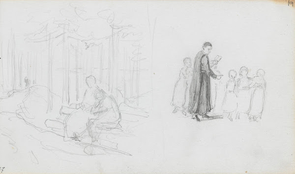 Forest interior with figures children listening to the preacher 1867