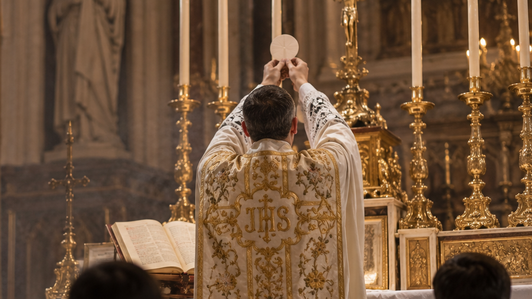 Sacerdote celebra Missa tradicional diante de altar com velas e servidores.