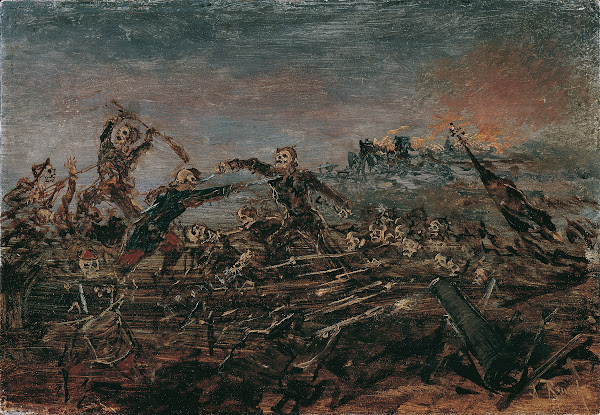 Totentanz auf dem Schlachtfeld vor brennenden Ruinen 1882 1885