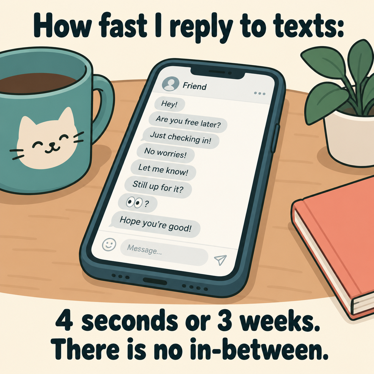 Cartoon of a phone with a pile of unanswered texts, captioned "How fast I reply to texts: 4 seconds or 3 weeks. There is no in-between."