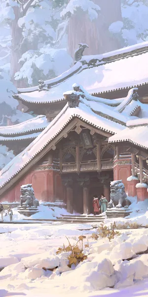 Winter Landscape, Asian Architecture, Snowy Temple, Fantasy Art 4K Wallpaper Background
