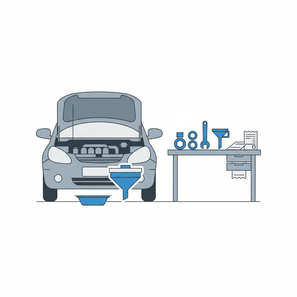 Minimalist vector of a compact hatchback with open hood and workbench with tools and blank service receipts used honda fit for sale