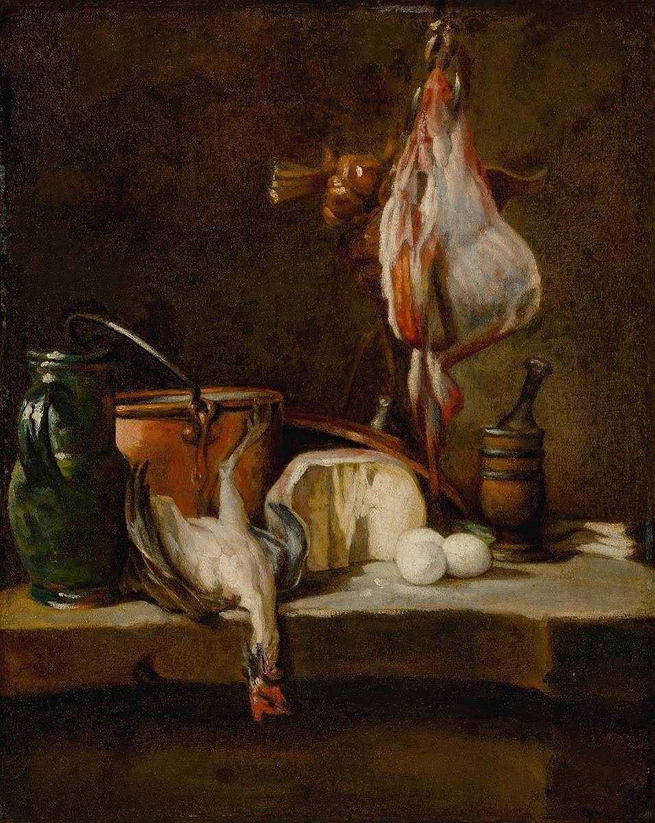 Still Life with a ray fish a basket of onions eggs cheese a green jug and a copp