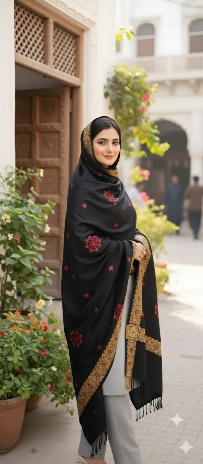 Luxury Black Wool Shawl with Woven Gold Jacquard Border | Premium Winter Scarf for Women