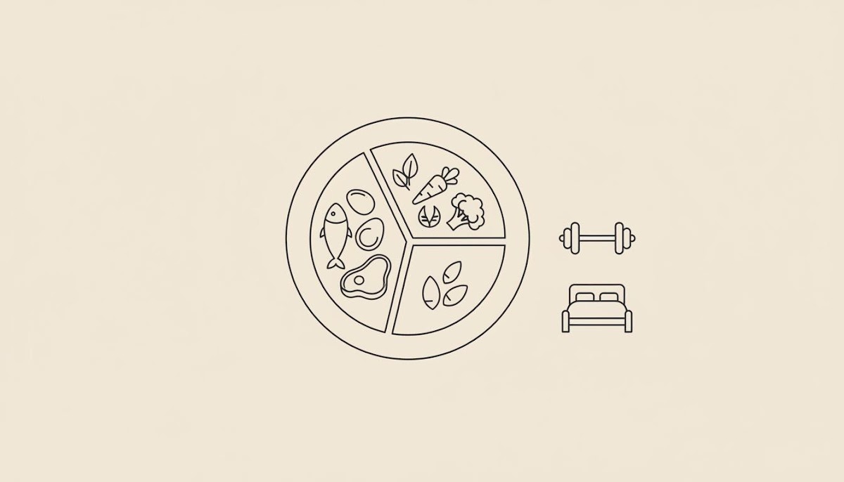 Minimal Tonum-style line illustration of a divided plate (protein, vegetables, small grains) with barbell and bed icons on beige background - speed up metabolism after 40