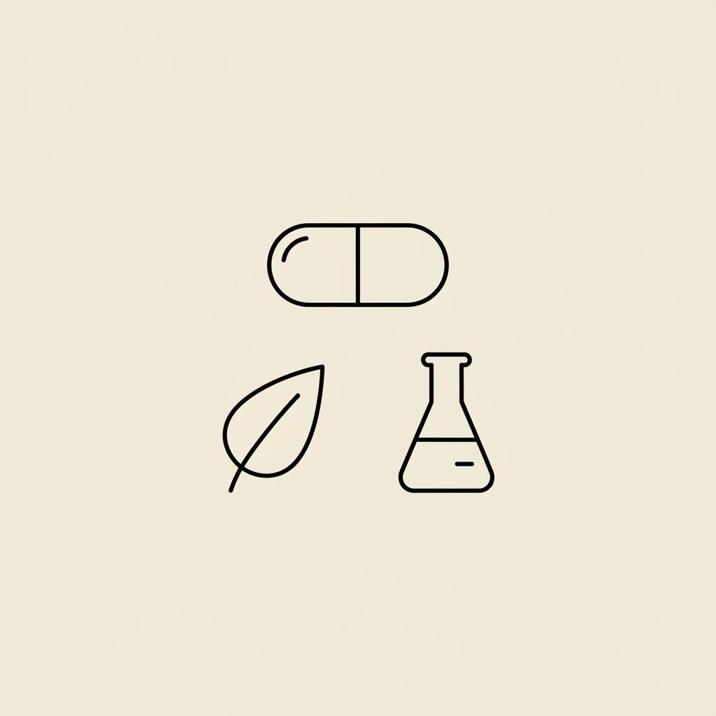 Minimal Tonum-style vector illustration of a capsule, leaf, and lab beaker on beige background representing berberine vs ozempic