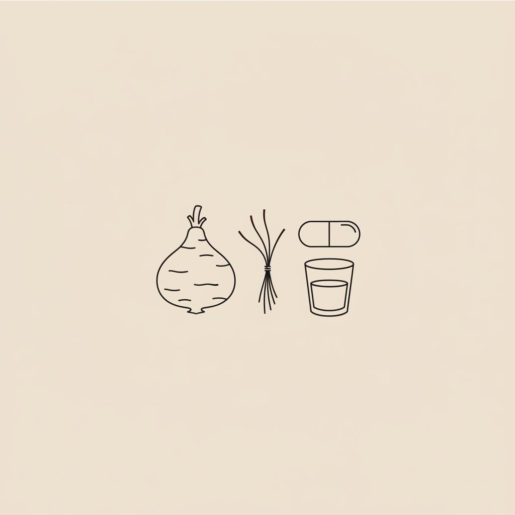Tonum-style minimalist line illustration of a konjac root, saffron threads, a capsule and small glass of water on beige background — which plant suppresses appetite?