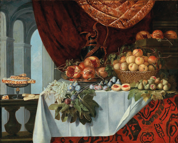 Pomegranates on a dish peaches in a basket figs and plums and grapes on a table