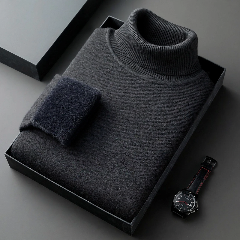 Men's knitted sweater with roll neck and wool content