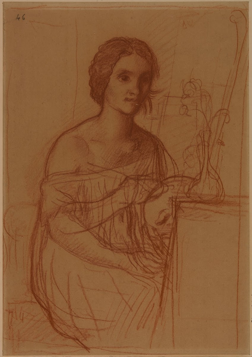 Une femme assise peignant un vase