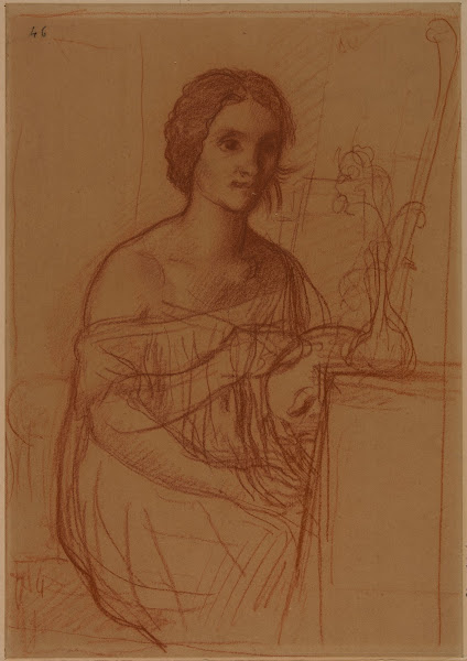Une femme assise peignant un vase