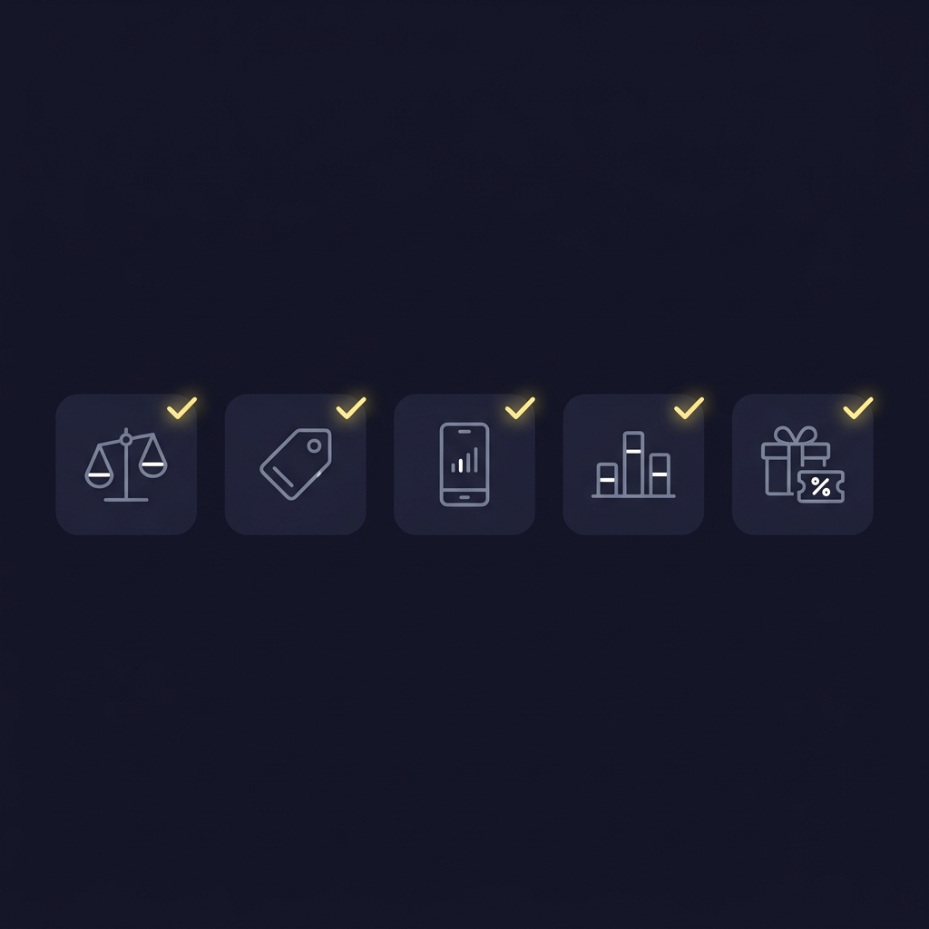 Minimalist 2D vector checklist for mlb online betting showing five boxed icons for legality pricing app stability market depth and promo terms in Funded Plays dark navy and gold palette