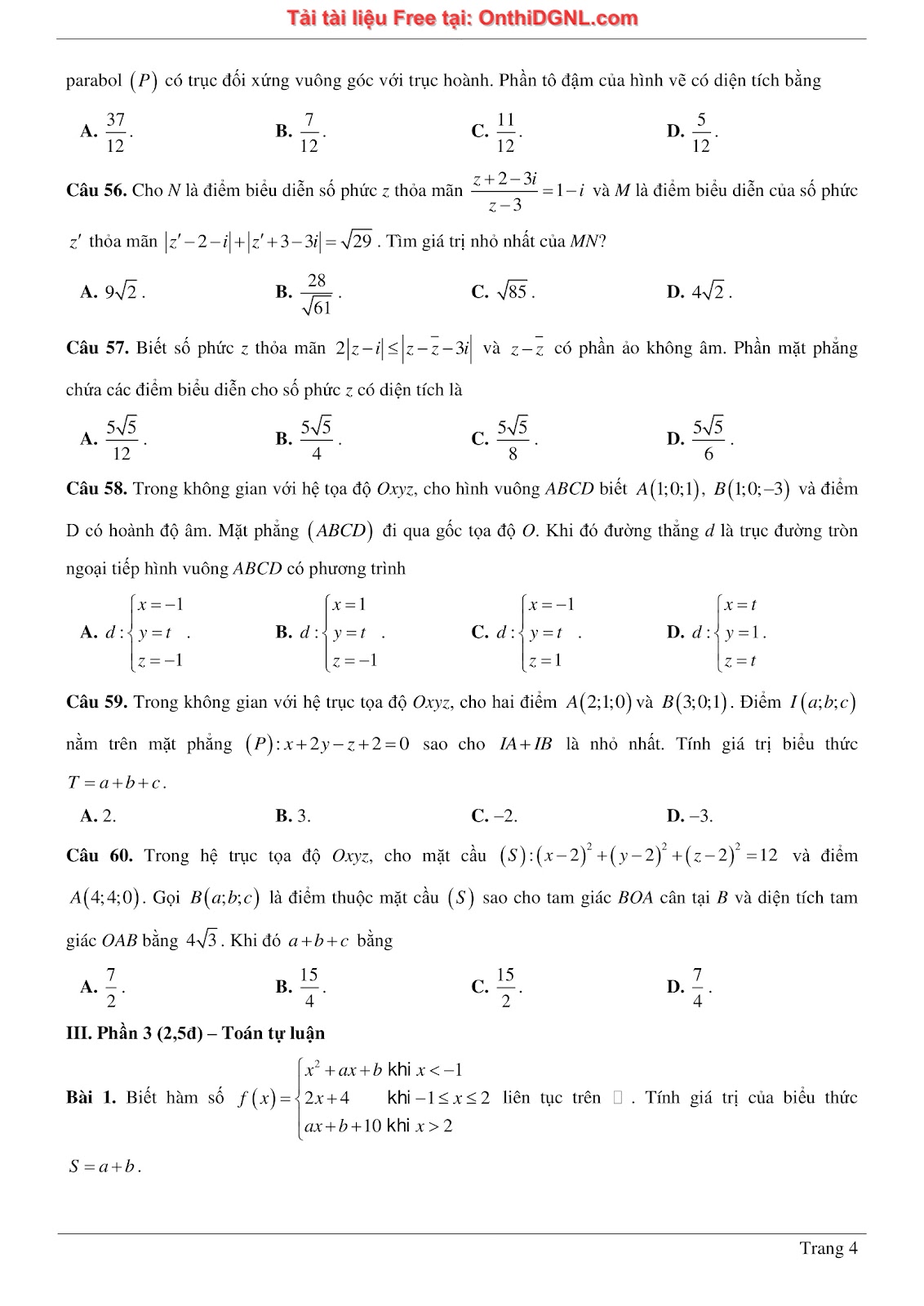 475 bài tập môn Toán - Ôn thi ĐGTD ĐH Bách Khoa Hà Nội Phần 9