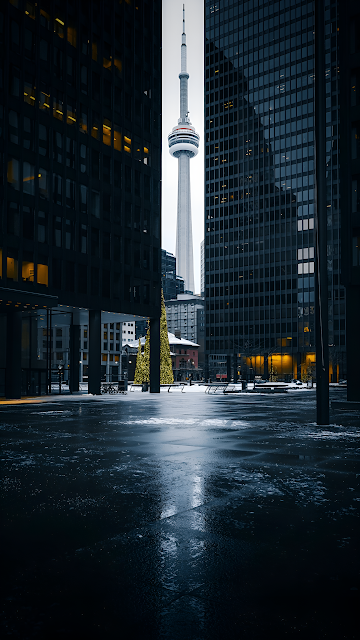 Toronto CN Tower Framed by Dark Skyscrapers Winter Scene - Free mobile Wallpaper