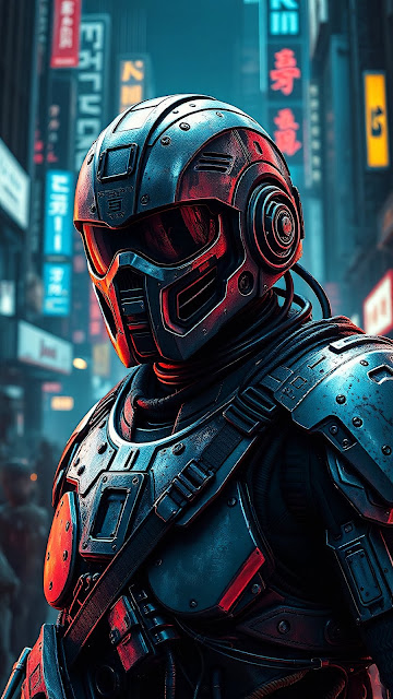 Cyberpunk Soldier in Neon City at Night - Free mobile Wallpaper